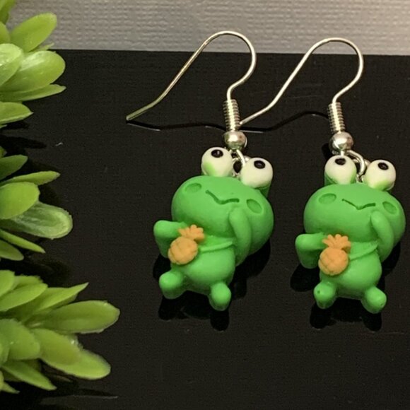Frog Earring, Pineapple Earring, Silly Animal Earring, Gift, Reptile Earring - Picture 3 of 4